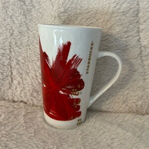 Starbucks 2014 Abstract Christmas Tall Coffee Cup Mug 16 fl oz Red White Gold